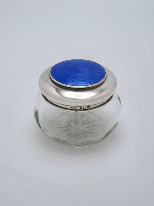 Lovely Silver and Guilloche Enamel Topped Glass Jar - 1923